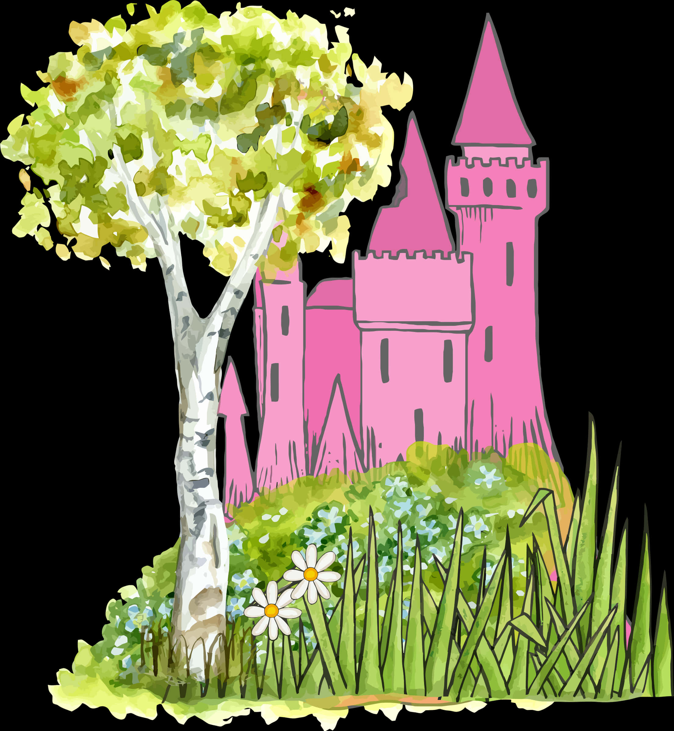 Enchanted Castle Watercolor Illustration PNG Image