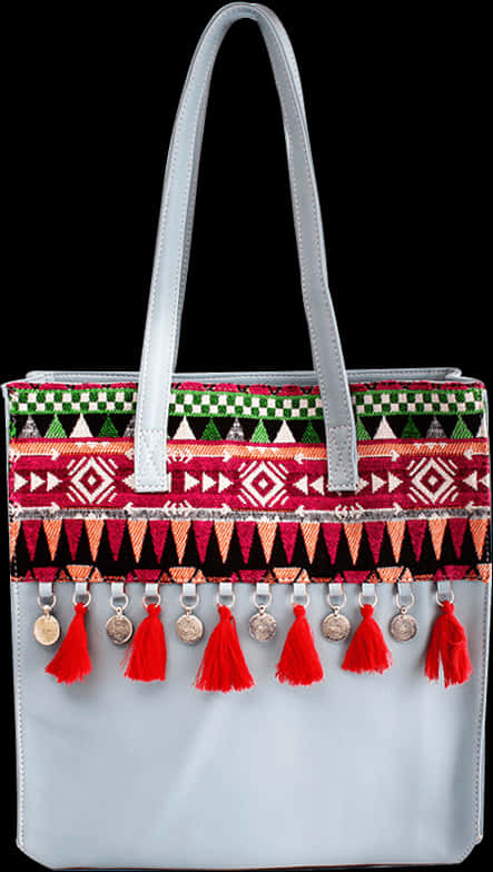 Ethnic Embroidered Silver Tote Bag PNG Image