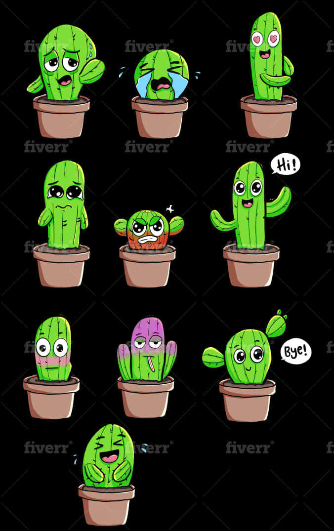 Expressive Cartoon Cacti Collection PNG Image