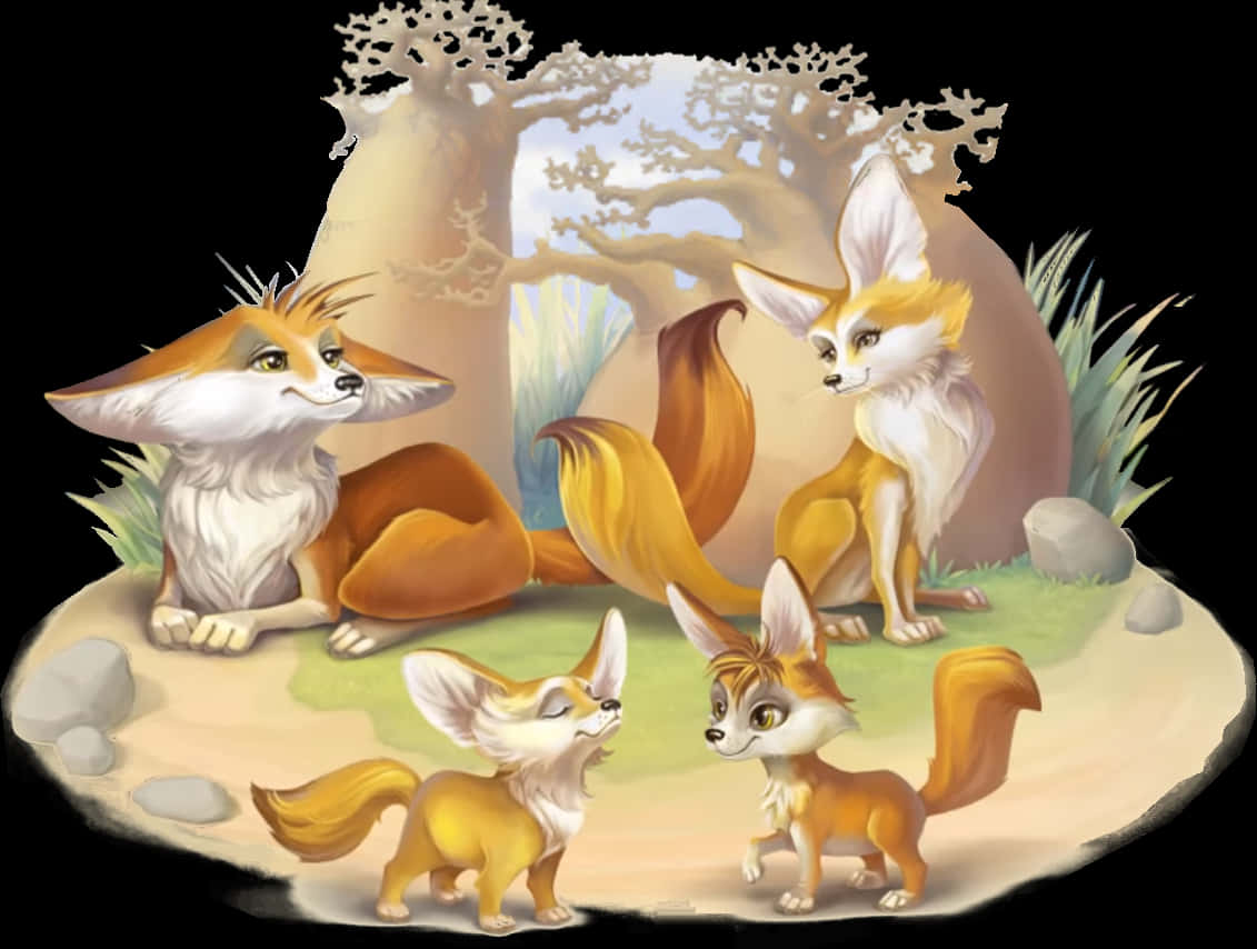 Familyof Foxes Illustration PNG Image