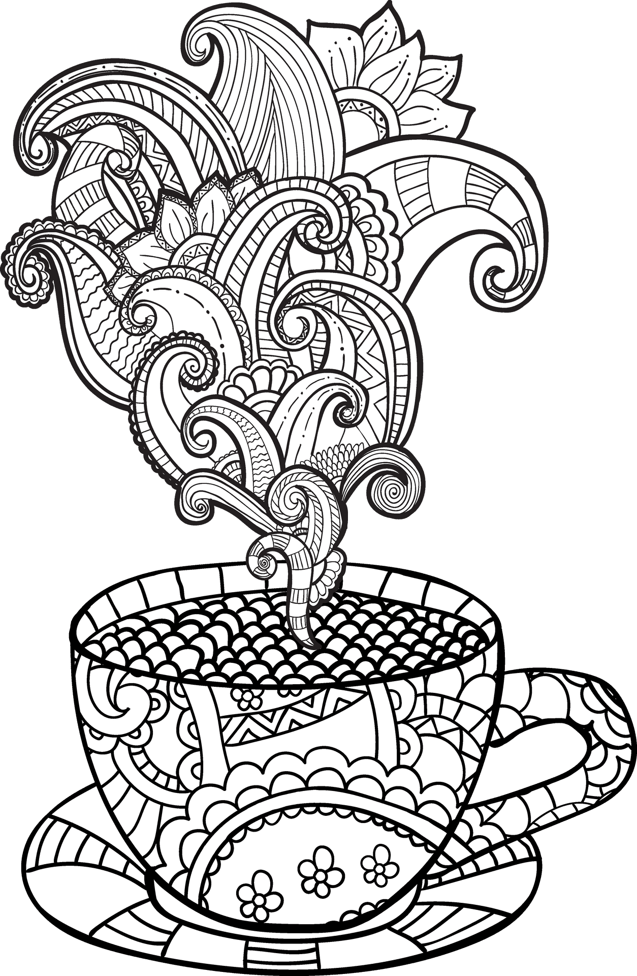 Fantasy Steaming Coffee Cup Coloring Page PNG Image