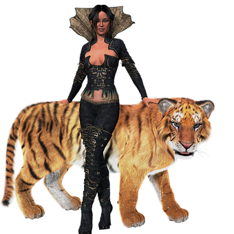 Fantasy_ Woman_with_ Tiger_ Companion PNG Image