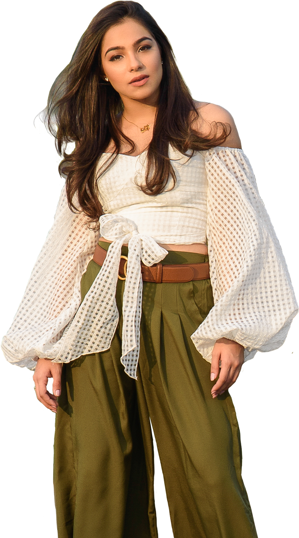 Fashion Model In White Blouse And Green Pants PNG Image