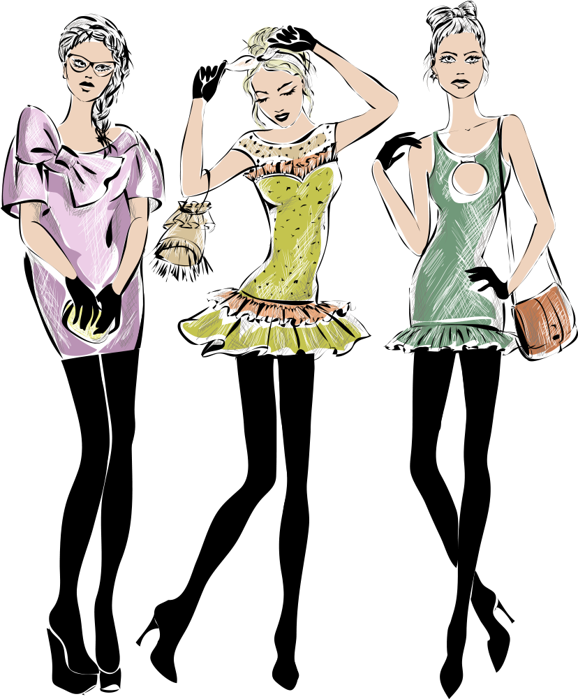 Fashion Sketch_ Trio Of Models PNG Image