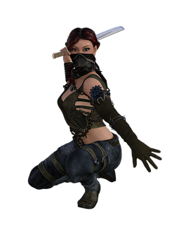 Female_ Warrior_ Crouching_ With_ Sword PNG Image