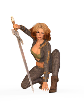 Female Warrior Kneeling With Sword PNG Image