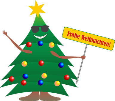 Festive Christmas Tree Character Holding Sign PNG Image