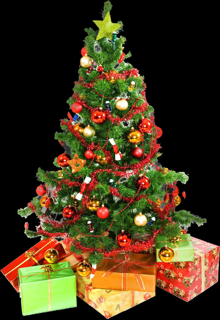 Festive Christmas Tree With Gifts.jpg PNG Image