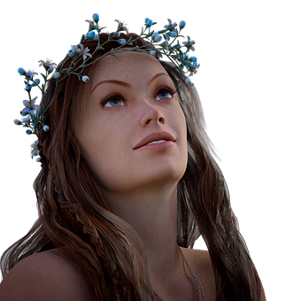 Floral Crown Woman Gazing Upward PNG Image