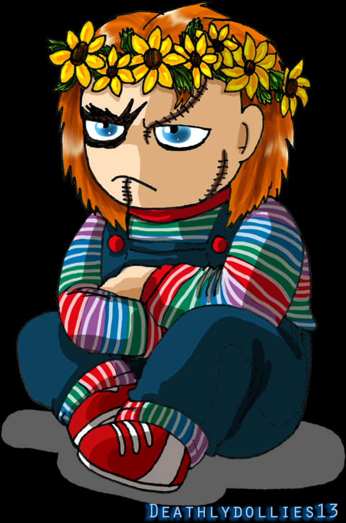 Floral Crowned Chucky Cartoon PNG Image