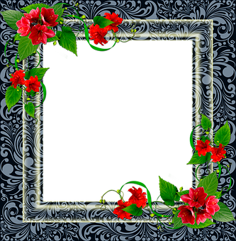 Floral Decorated Silver Frame PNG Image