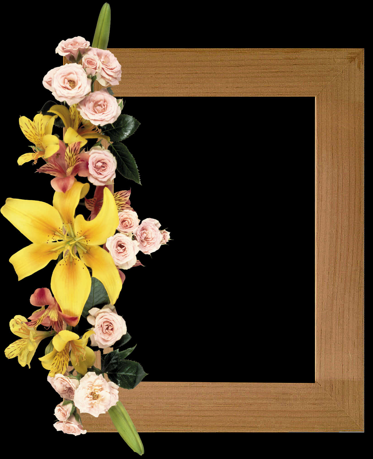 Floral Embellished Wooden Frame PNG Image