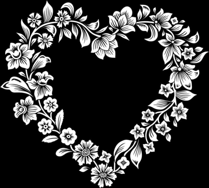 Floral Heart Outline Black Background PNG Image