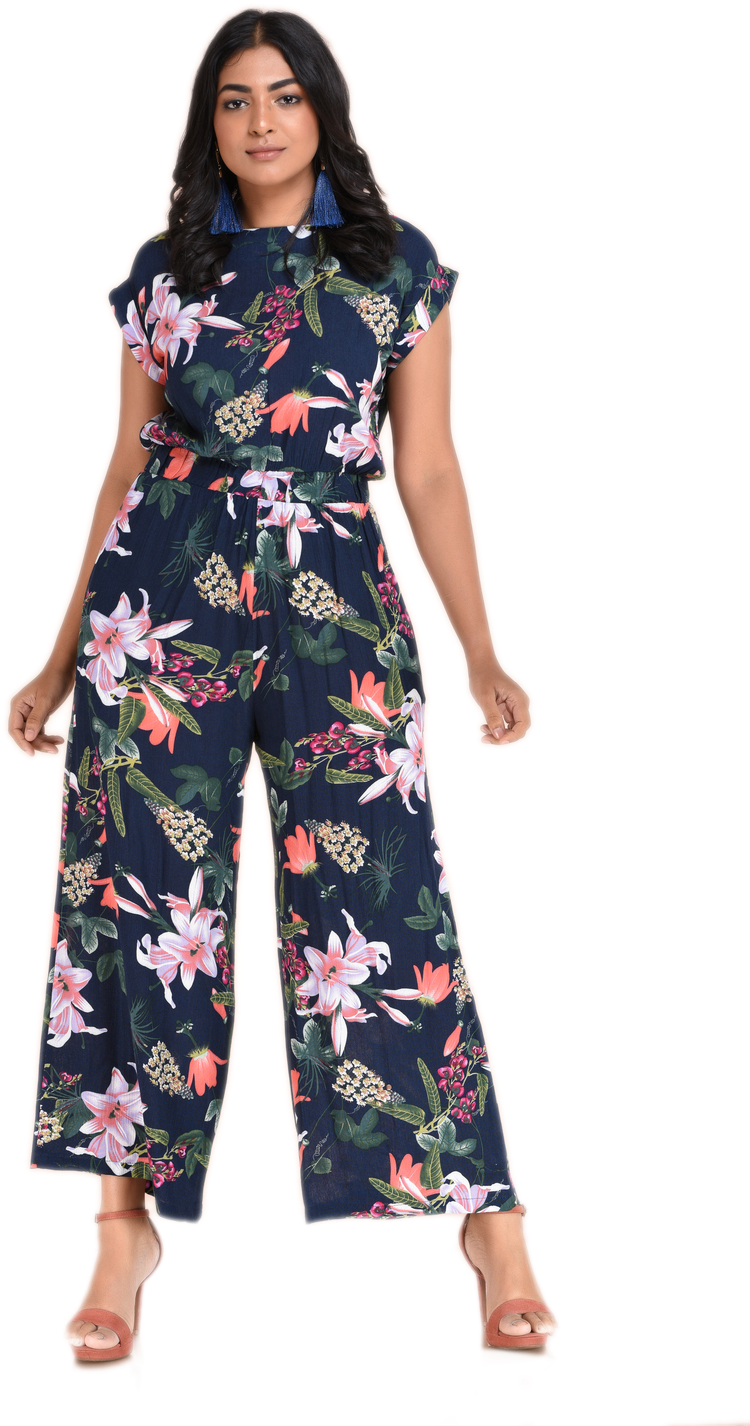 Floral Jumpsuit Fashion Model Pose PNG Image