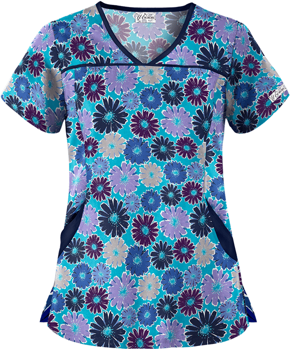 Floral Print Blue Nurse Scrub Top PNG Image