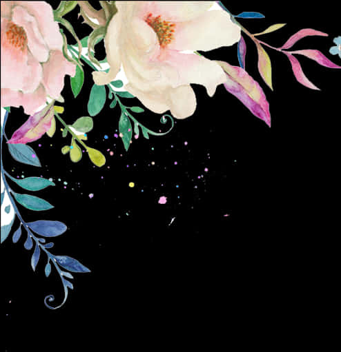 Floral Watercolor On Black Background PNG Image