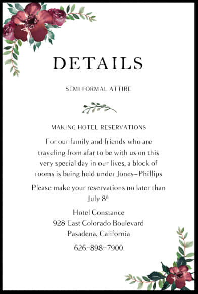 Floral Wedding Details Card PNG Image