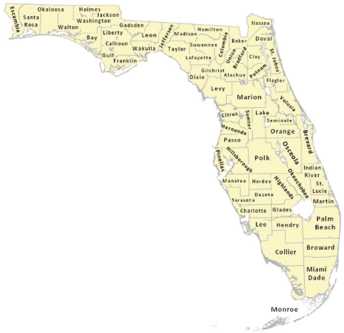 Florida Counties Map Yellow PNG Image