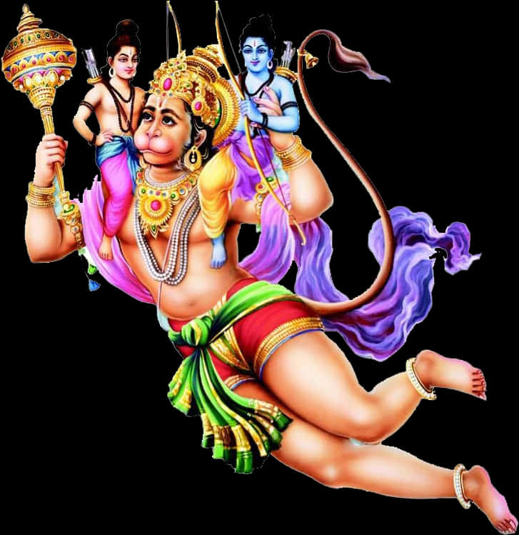 Flying Hanumanwith Mountainand Lord Rama Lakshmana PNG Image