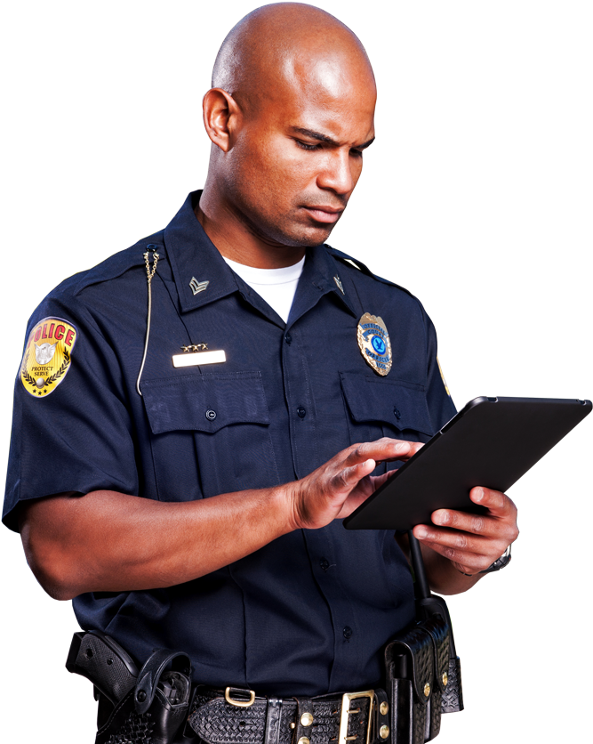 Focused Police Officer Using Tablet PNG Image