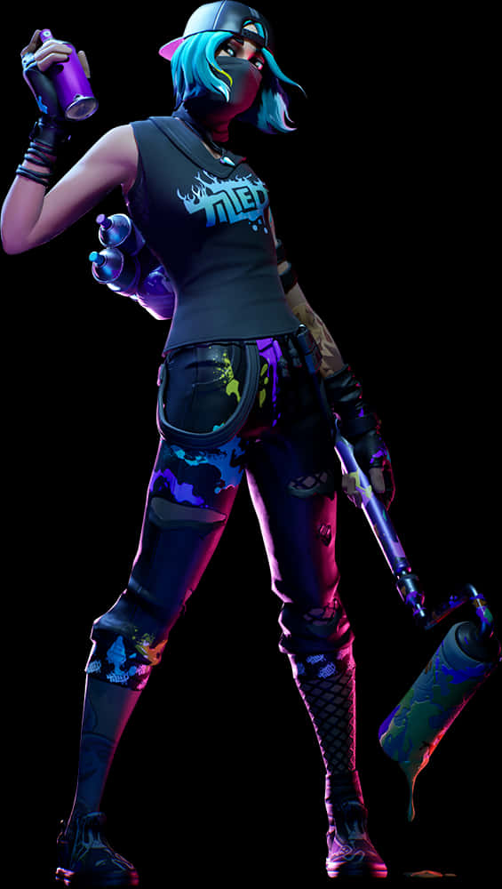 Fortnite Female Characterwith Blue Hairand Graffiti Gear PNG Image