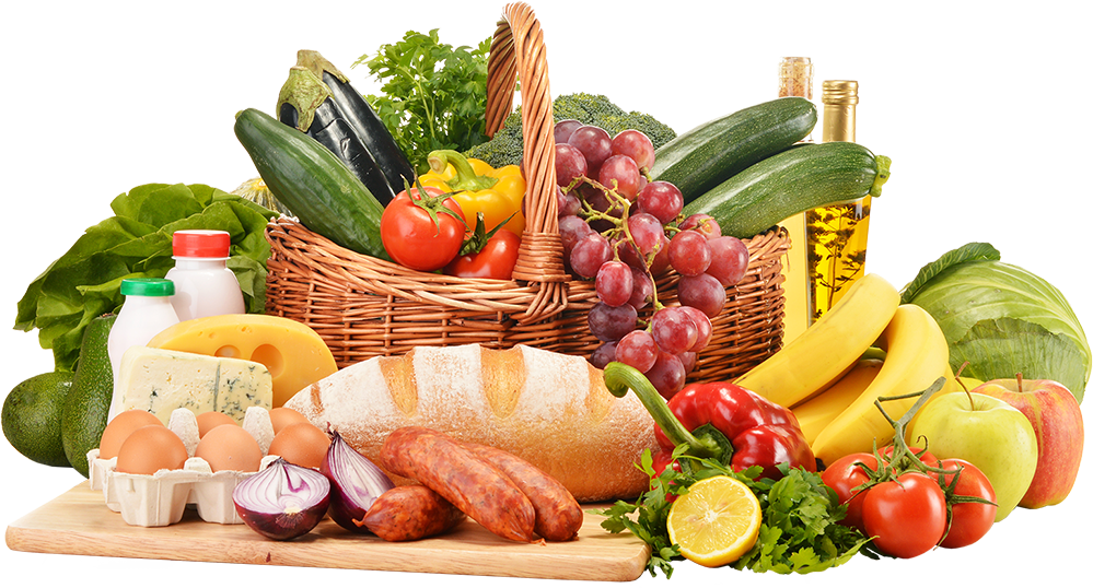 Fresh Grocery Selection Basket Fruits Vegetables Bread PNG Image