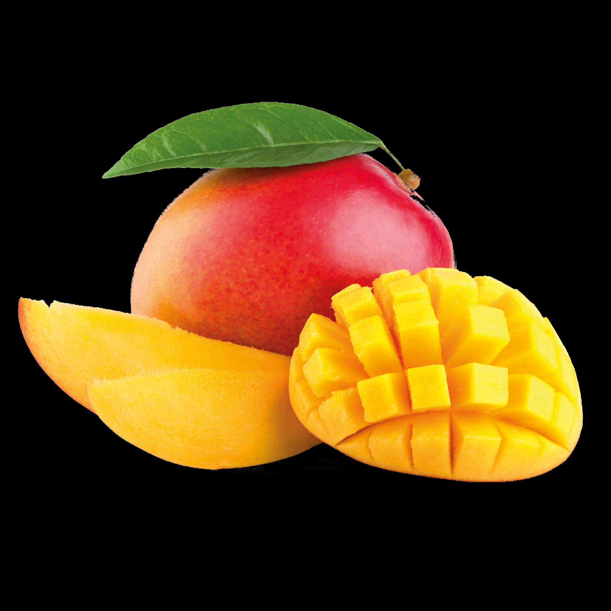 Fresh Mango With Sliceand Cube Cut Black Background PNG Image