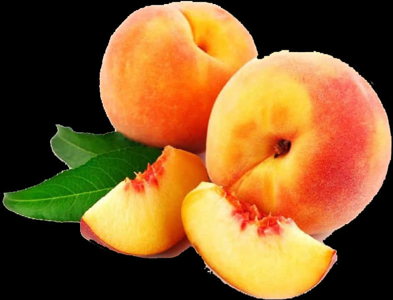 Fresh Peacheswith Slicesand Leaf PNG Image