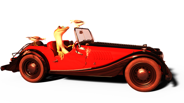 Frog Driving Red Vintage Car PNG Image