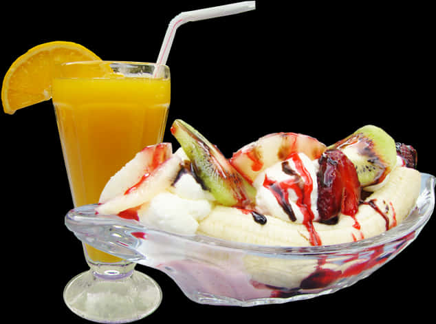 Fruit Ice Cream Sundae With Orange Juice PNG Image