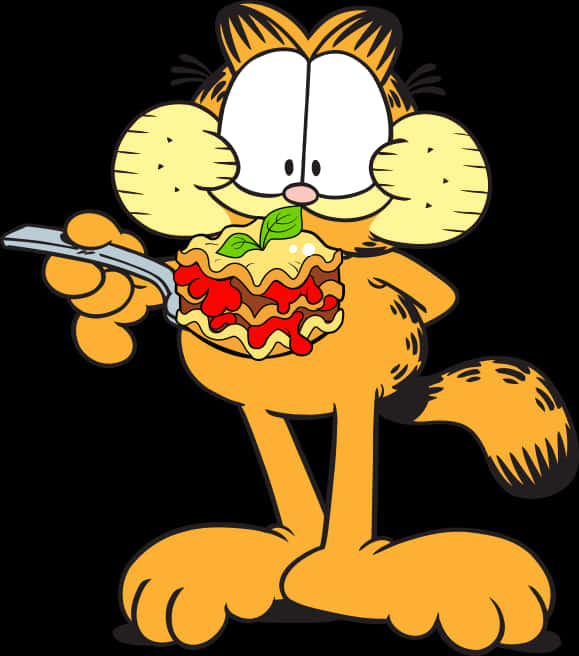 Garfield_ Enjoying_ Lasagna PNG Image