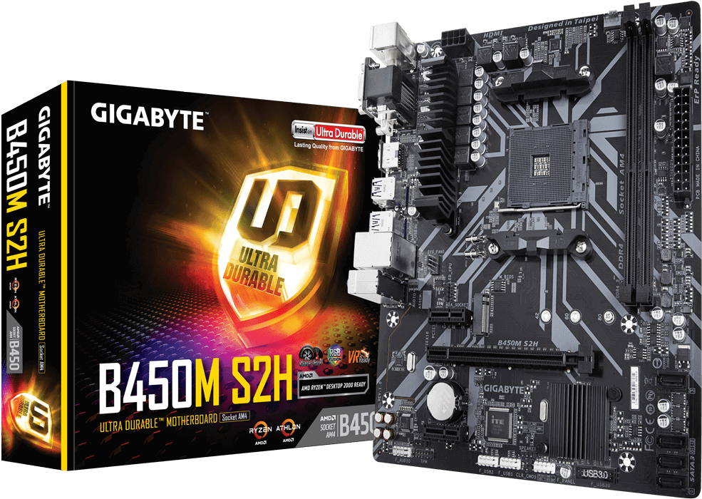 Gigabyte B450 M S2 H Motherboard Packagingand Product PNG Image