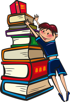 Girl Climbing Book Pile PNG Image