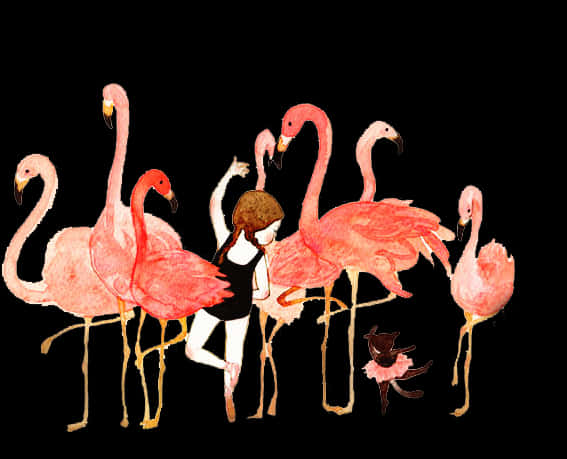 Girl Dancing With Flamingos PNG Image