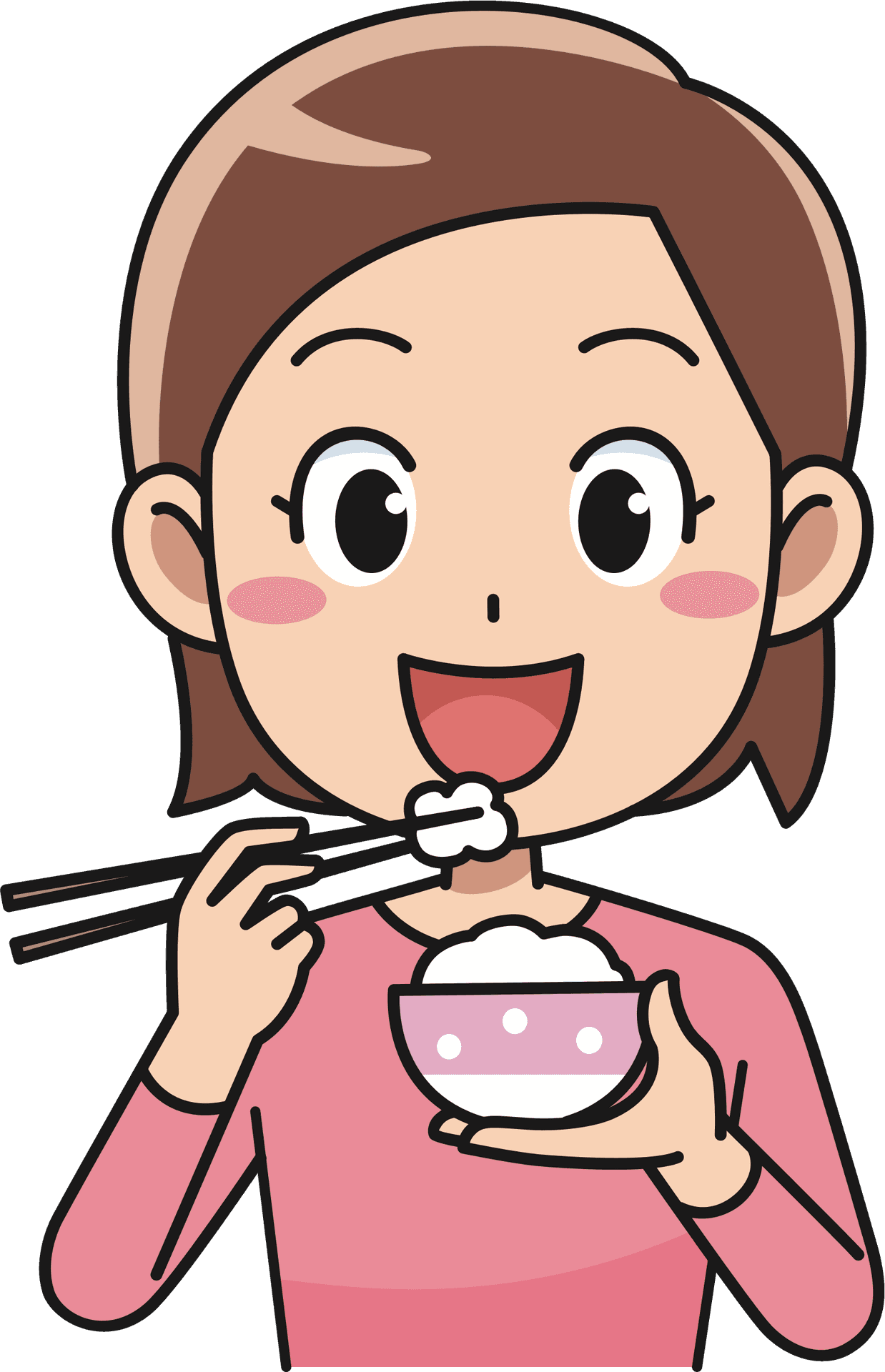 Girl Eating With Chopsticks Cartoon PNG Image