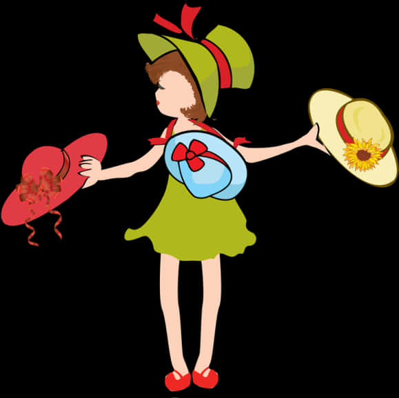 Girl Holding Two Hats Illustration PNG Image