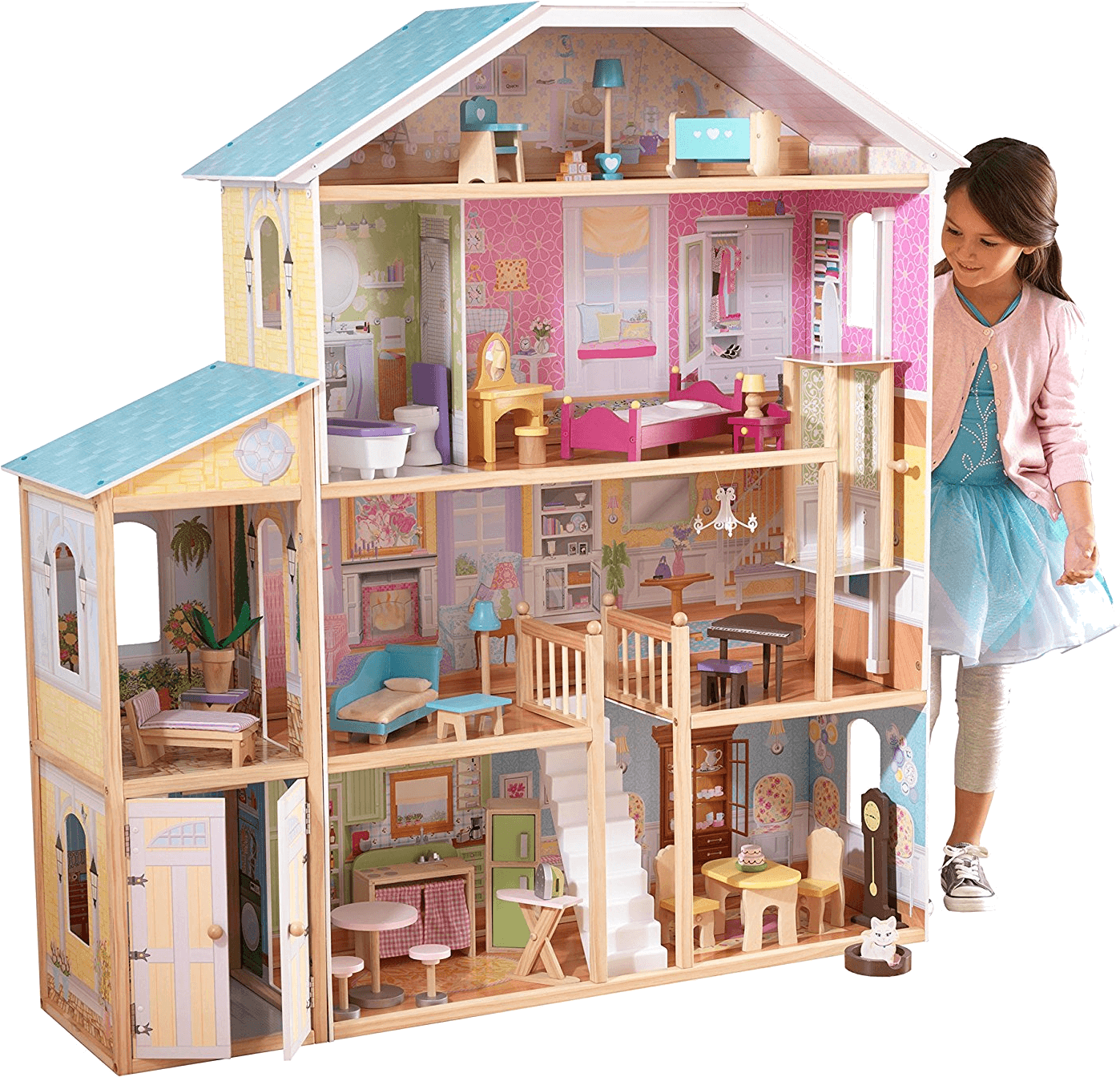 Girl Playing With Large Dollhouse PNG Image