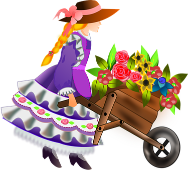 Girl Pushing Flower Cart Illustration PNG Image