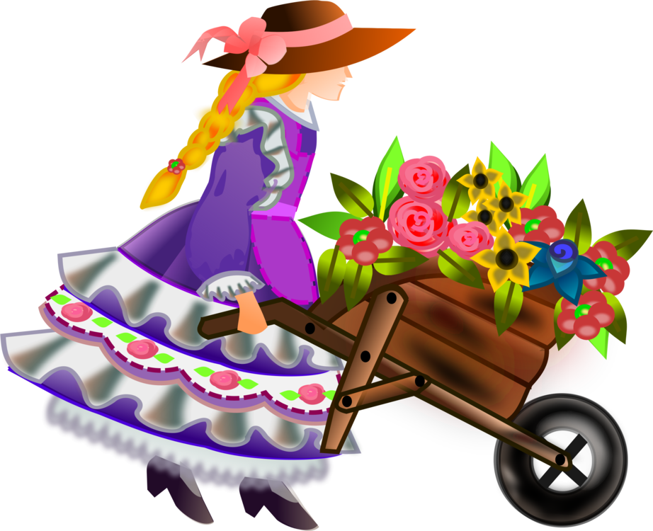 Girl Pushing Flower Wheelbarrow Illustration PNG Image