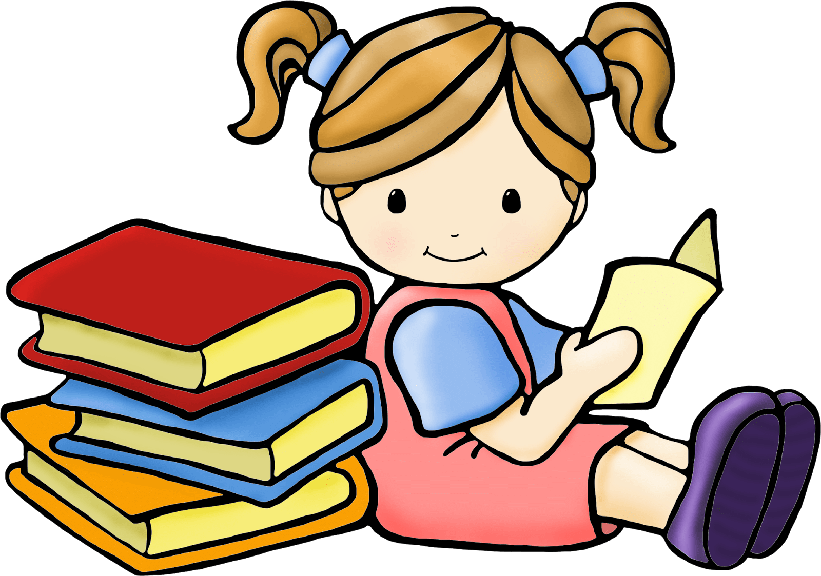 Girl Reading Books Cartoon PNG Image