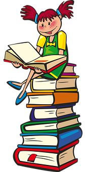 Girl Readingon Book Pile PNG Image