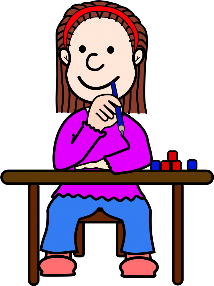 Girl Thinking While Coloring PNG Image