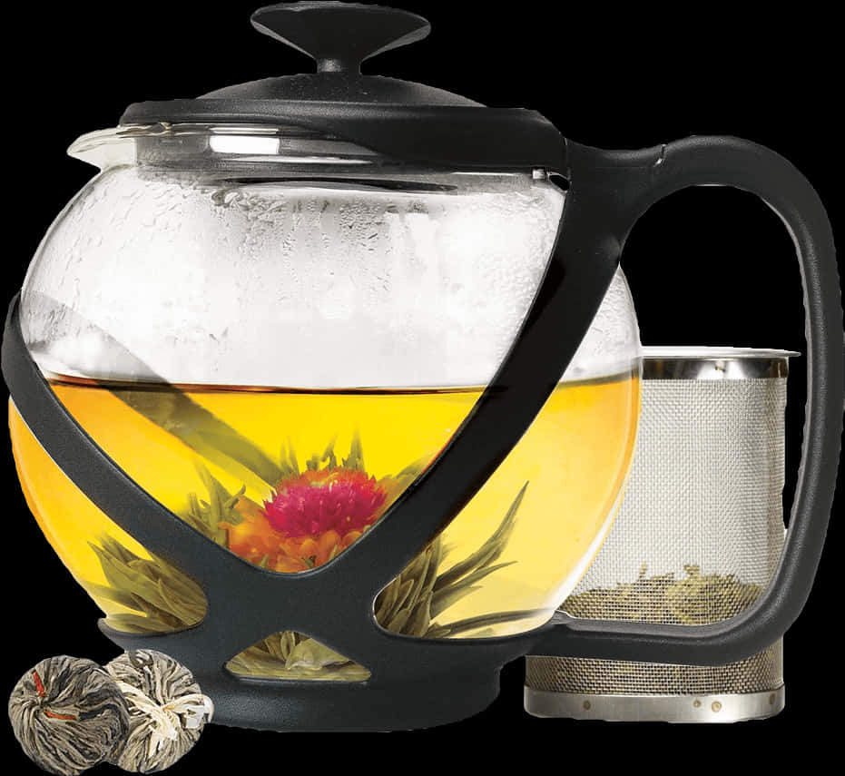 Glass Teapotwith Infuserand Flowering Tea PNG Image