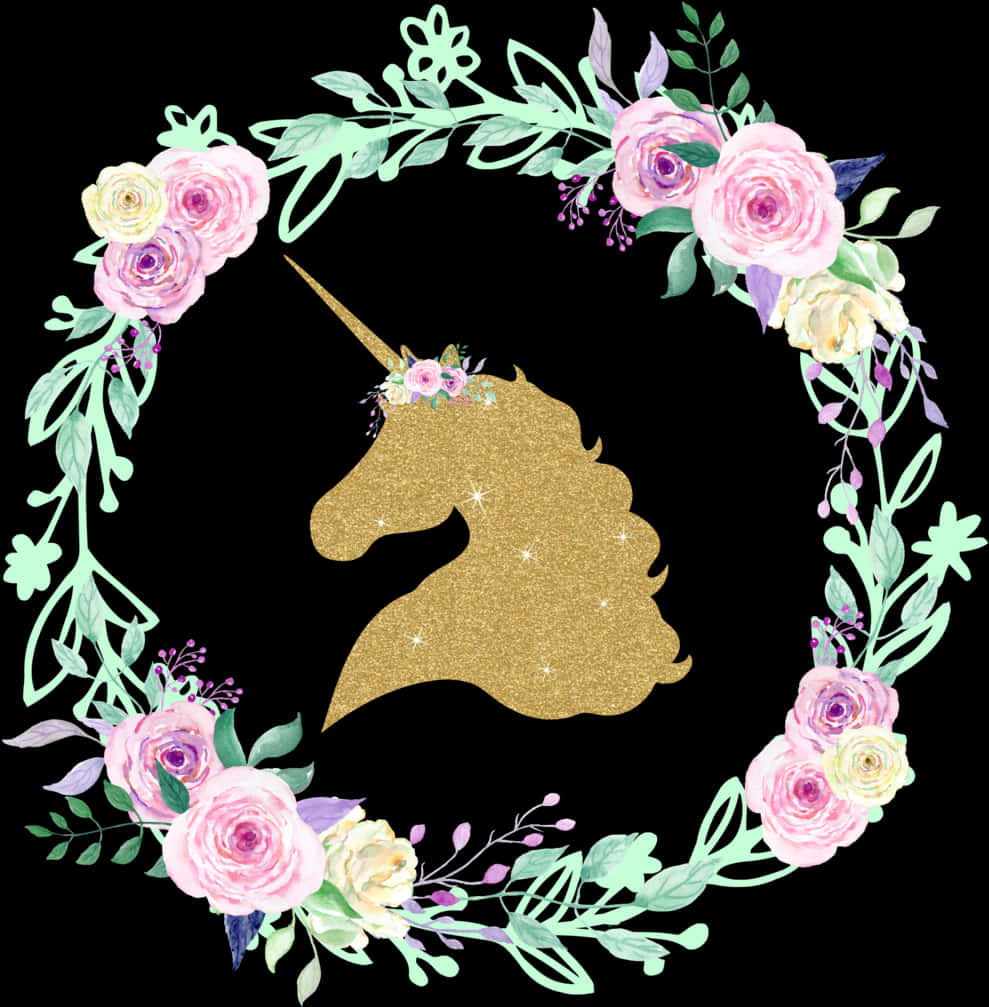 Glittery Unicorn Floral Wreath PNG Image