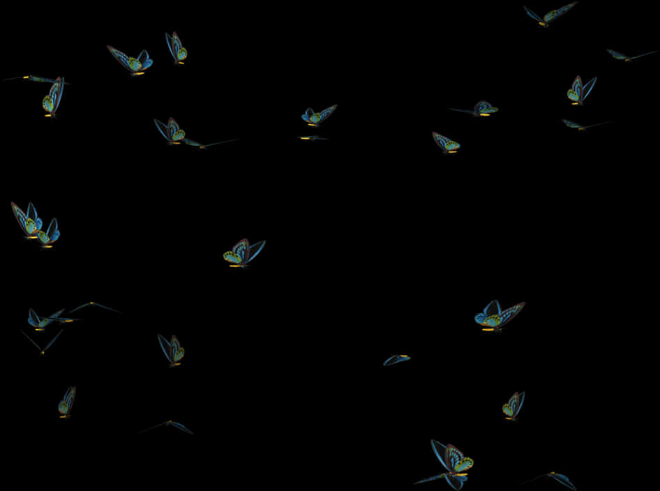 Glowing Butterflieson Black Background PNG Image