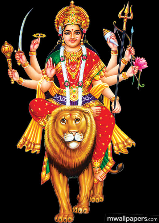 Goddess Durga Seatedon Lion PNG Image