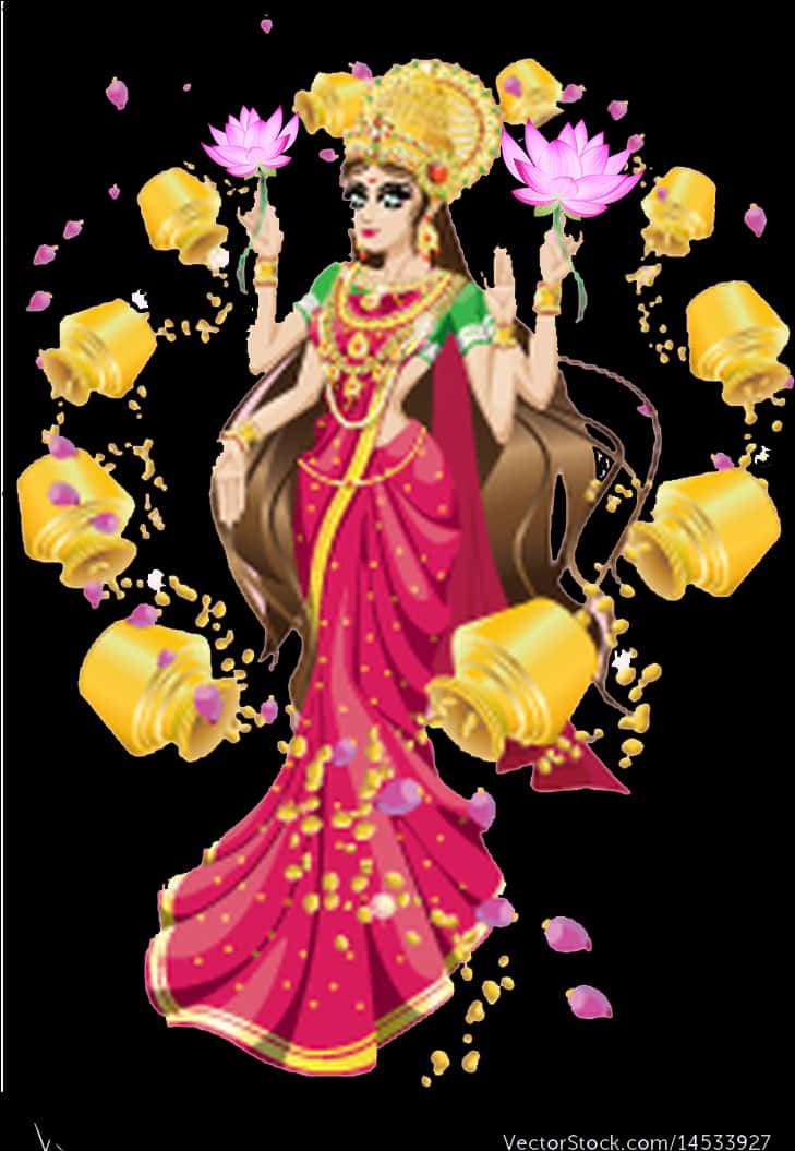 Goddess_ Lakshmi_with_ Lotuses_and_ Golden_ Pots PNG Image