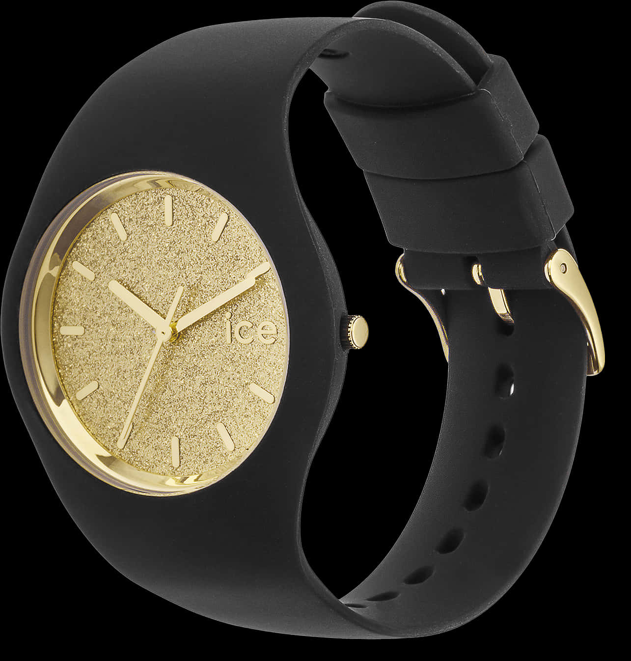 Gold Glitter Dial Black Watch PNG Image