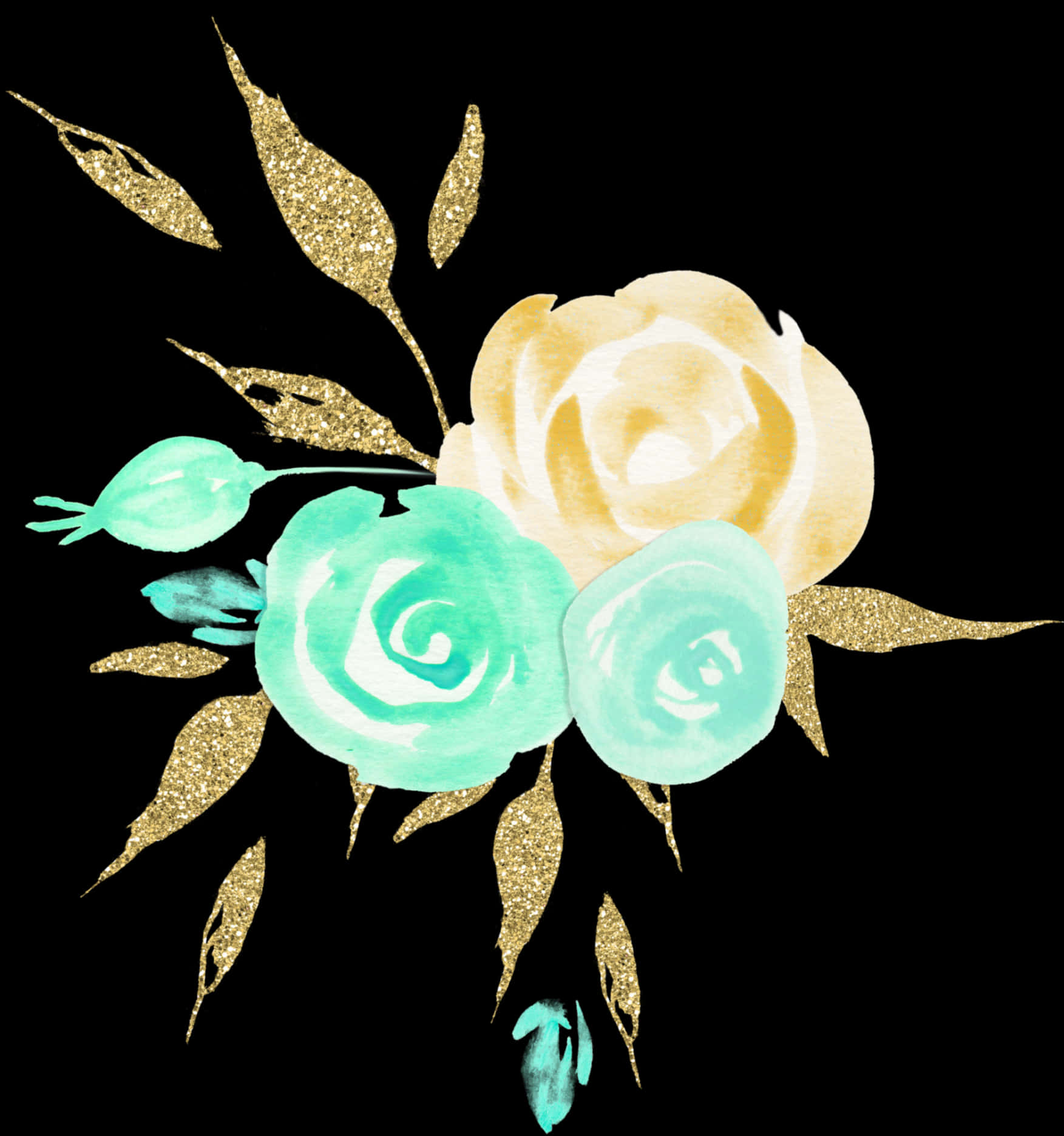 Goldand Aqua Floral Artwork PNG Image