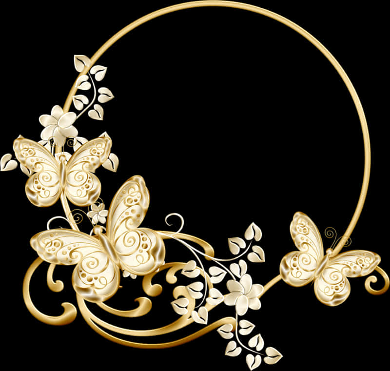 Golden Arabesque Butterflies Floral Design PNG Image